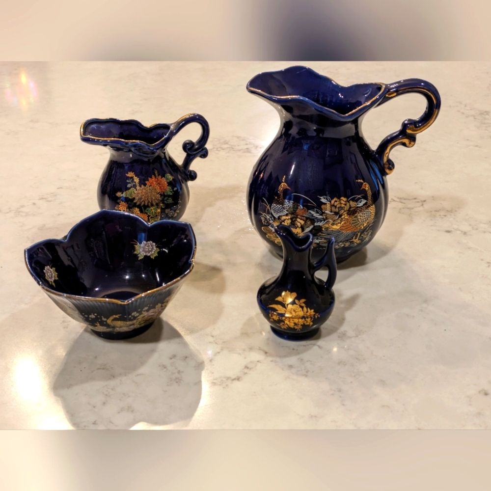 Cobalt Peacock & Flowers Oriental Vases Gold Trim Set of 4